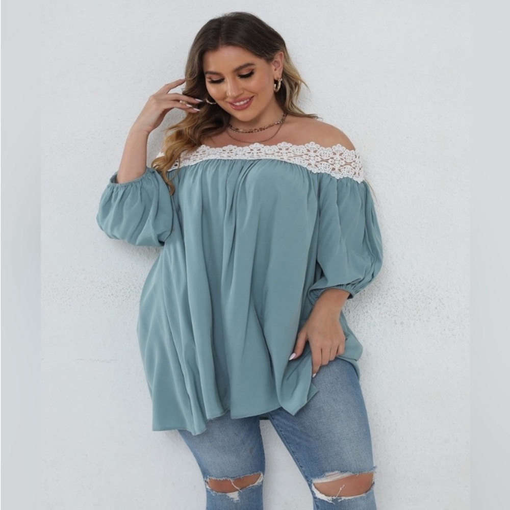 PLUS OFF SHOULDER CONTRAST LACE TRIM BLOUSE